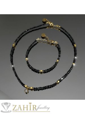  Изящен ръчно изработен комплект от естествени камъни снежен обсидиан 3 мм фасета, висулка кристал и накрайници стомана, колие в 2 дължини и гривна 17+5 см удължител - KM1054